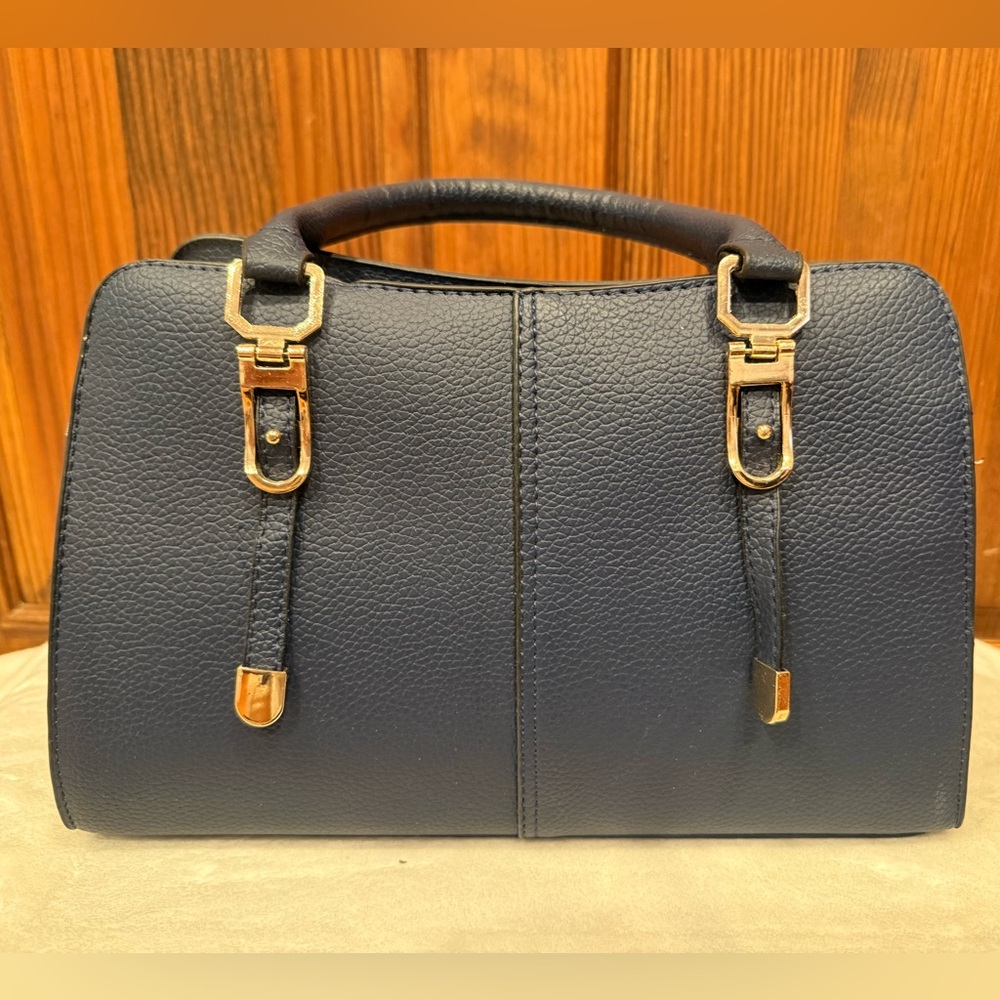 Navy Blue Structured Satchel Handbag Gold-Tone Hardware Xbody Strap Top Handle